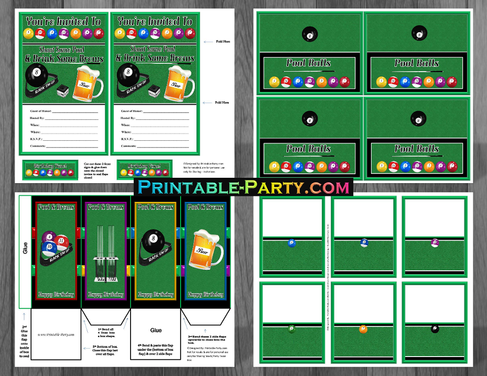 Printable Billiards Party Supplies Billiards Birthday Theme Decorations