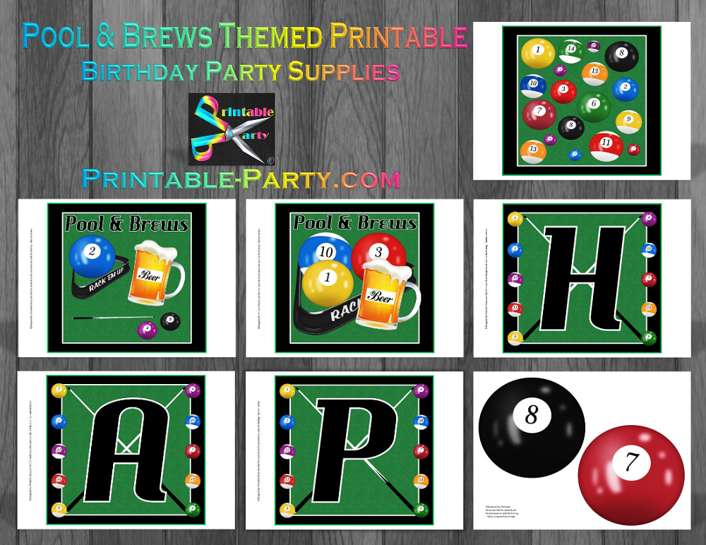 Printable Billiards Party Supplies | Billiards Birthday Theme Decorations