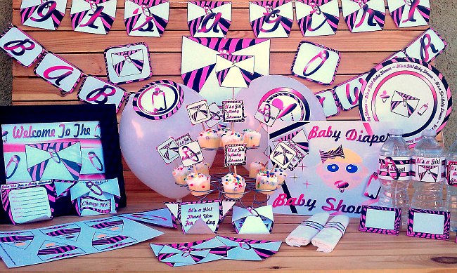 Pink Zebra Diaper Girls Baby Shower Decorations Printable Baby