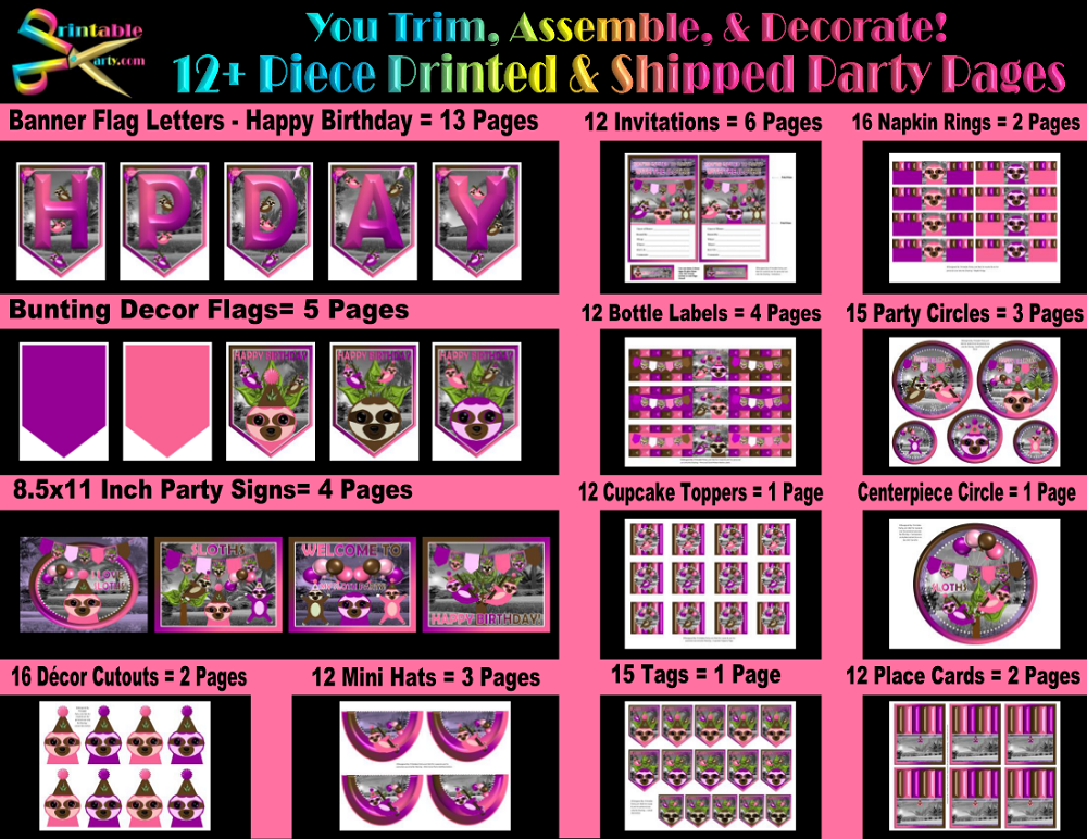 Printable Sloth Girl Party Supplies | Sloth Theme Birthday Decorations